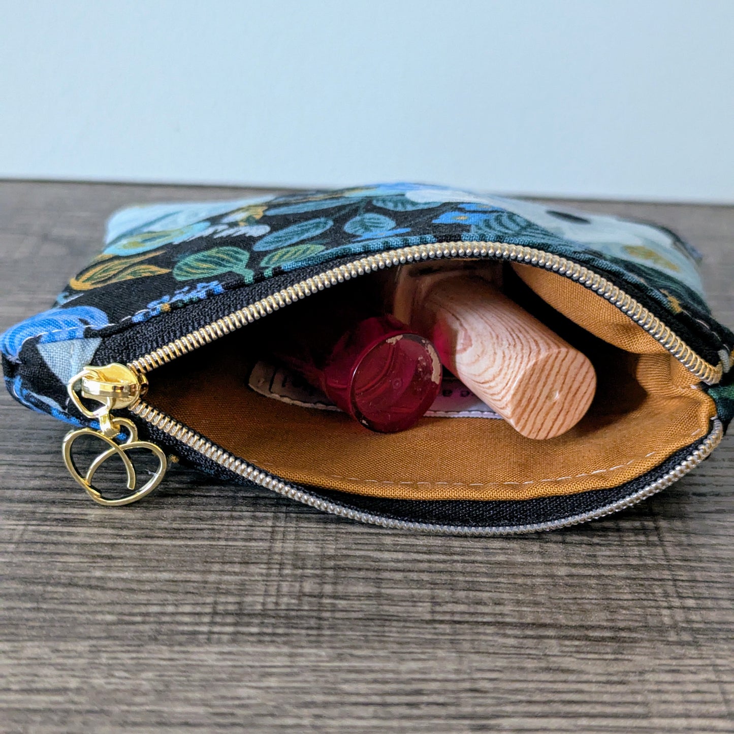 Dark Blue Floral Cotton Zipper Pouch