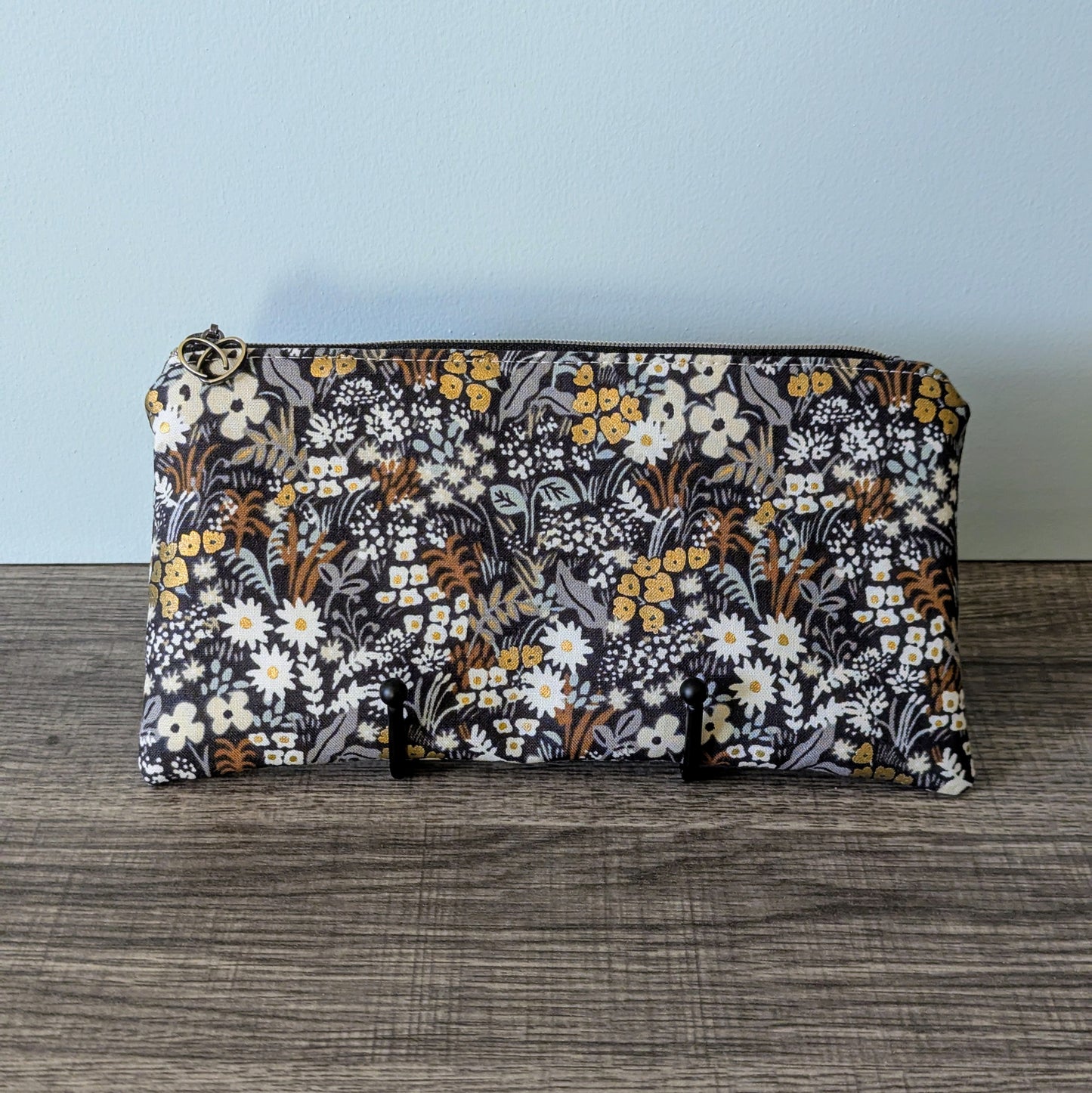 Dark Grey Floral Cotton Zipper Pouch