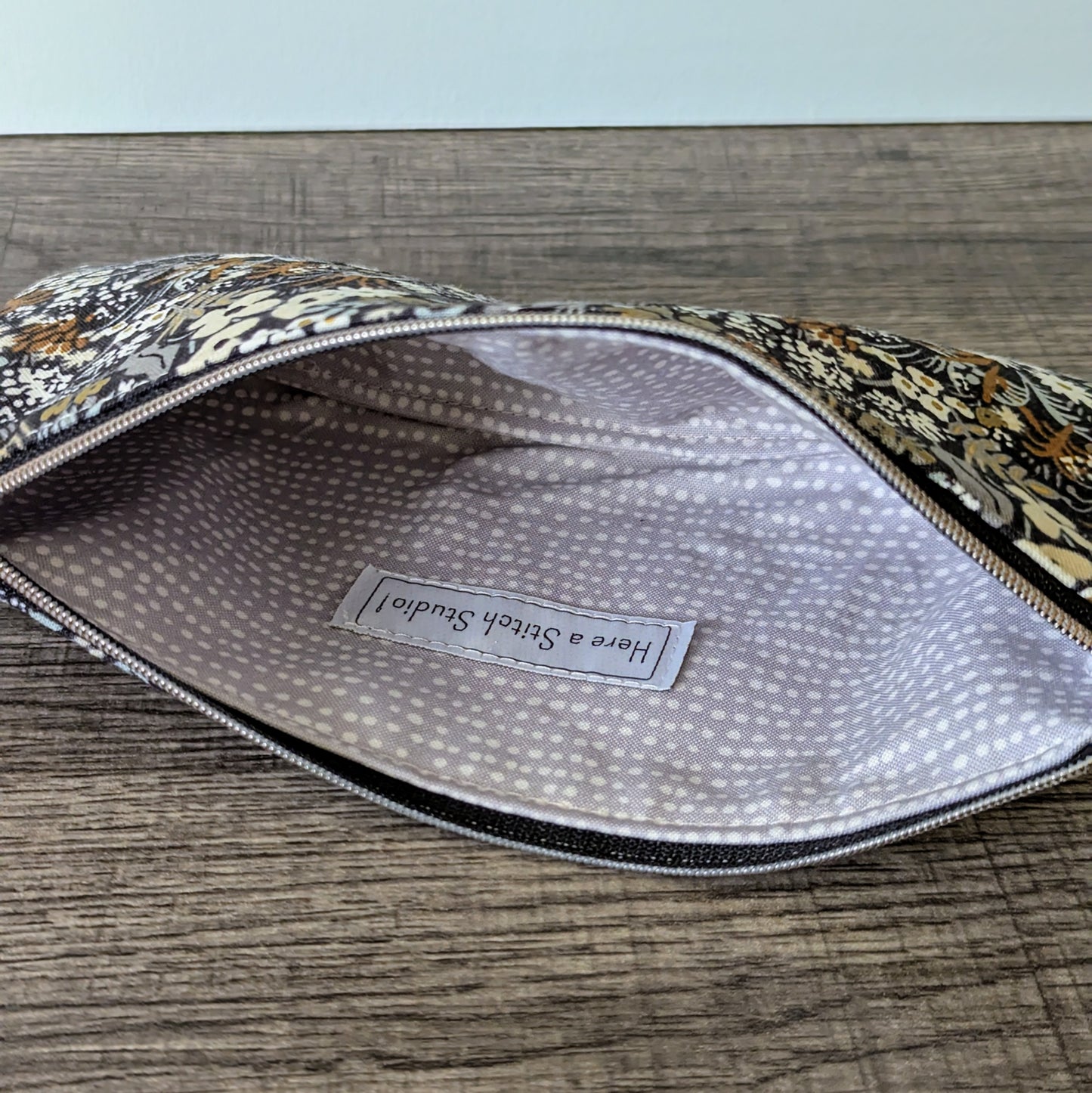 Dark Grey Floral Cotton Zipper Pouch