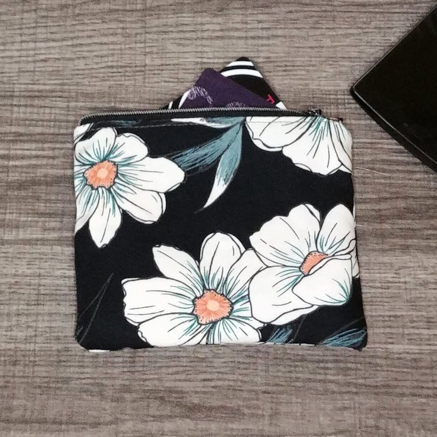 Dark Floral Cotton Zipper Pouch
