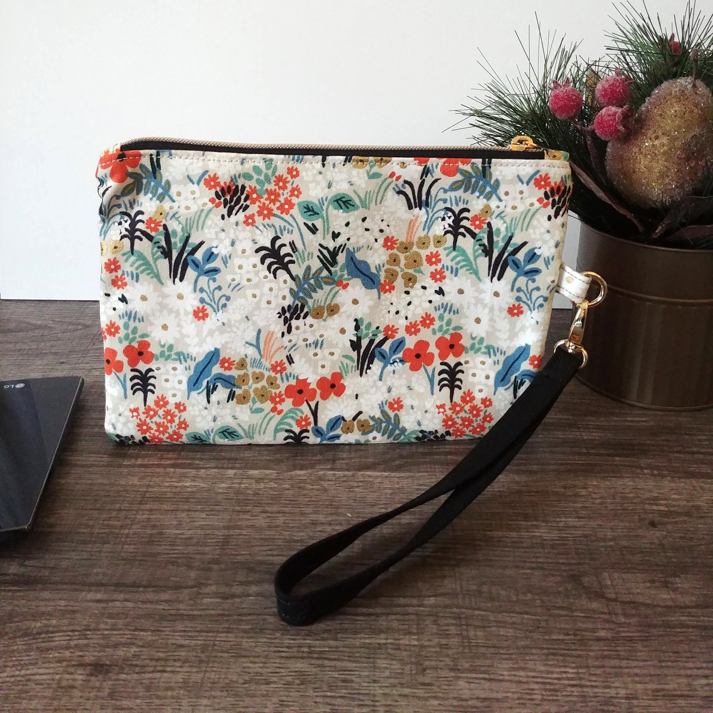 Meadow Floral Natural Canvas Wristlet Clutch