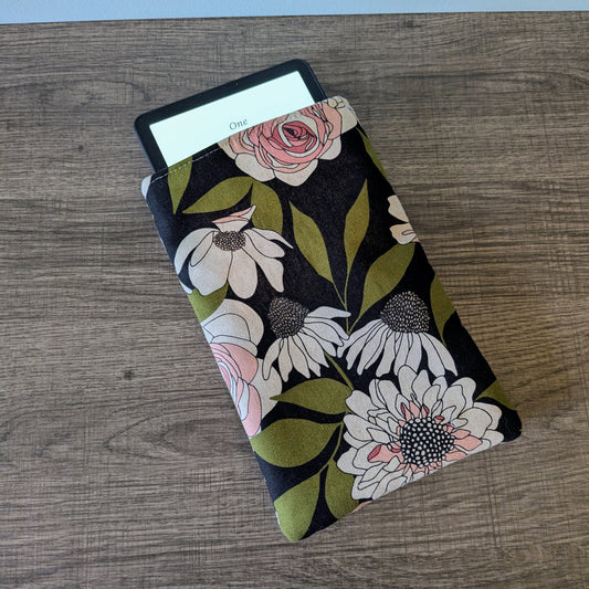 Black Floral Linen Canvas Book Sleeve