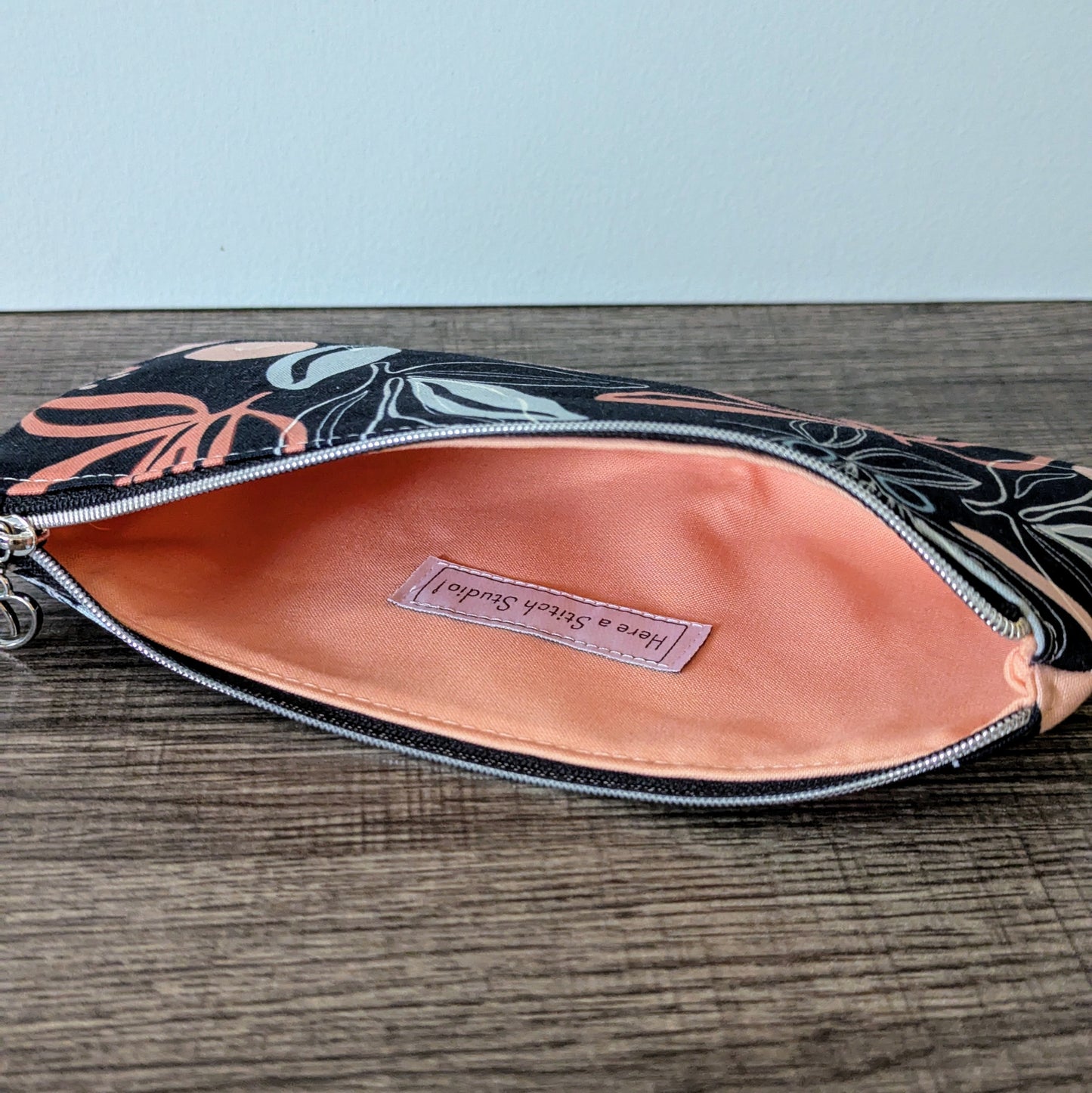 Navy Palm Leaf Cotton Zipper Pouch