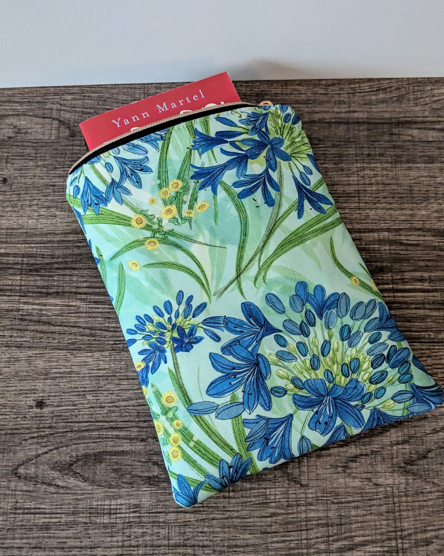 Aqua Blue Floral Cotton Book & E-Reader Sleeve