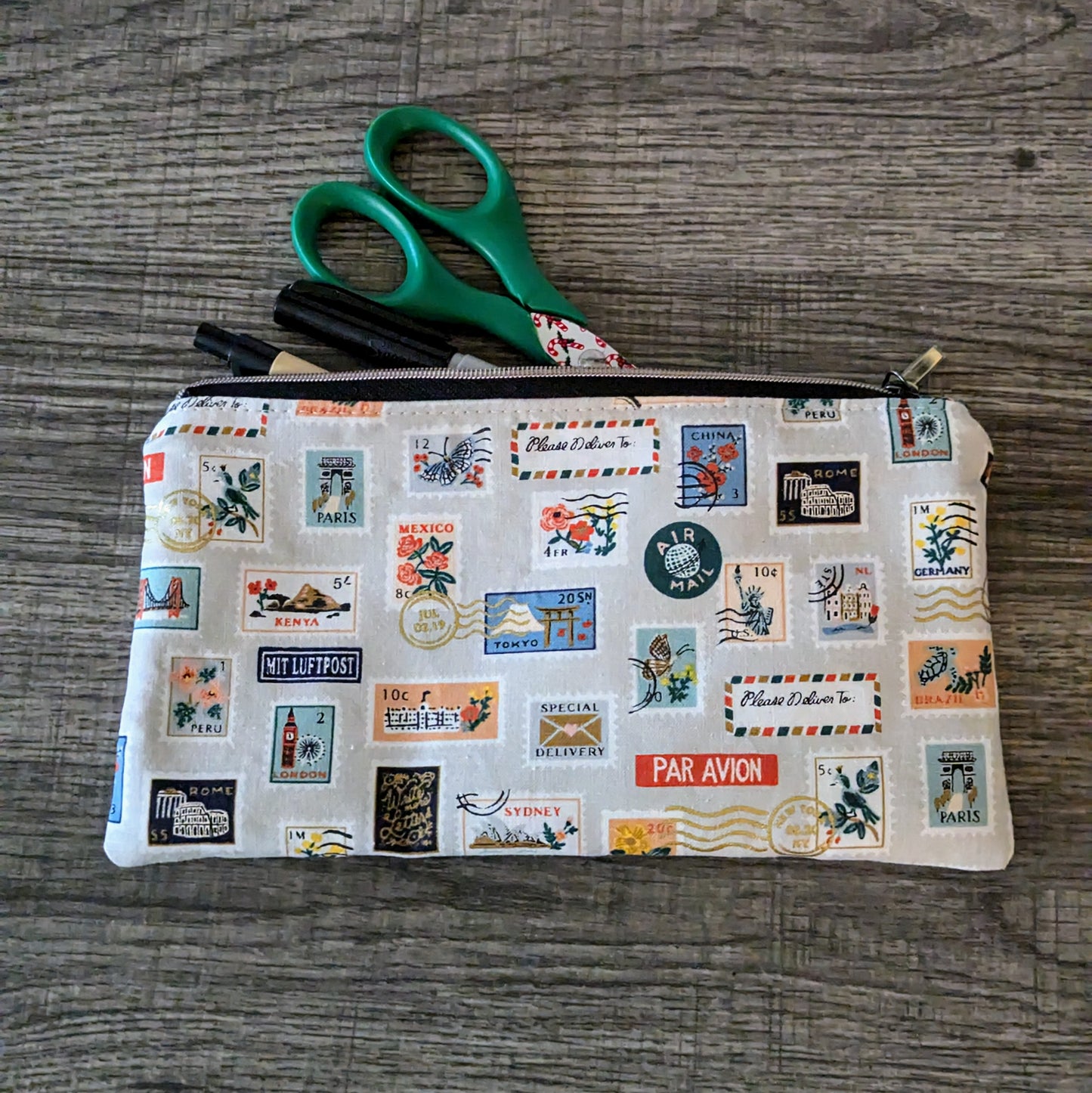 Beige Stamp Cotton Zipper Pouch