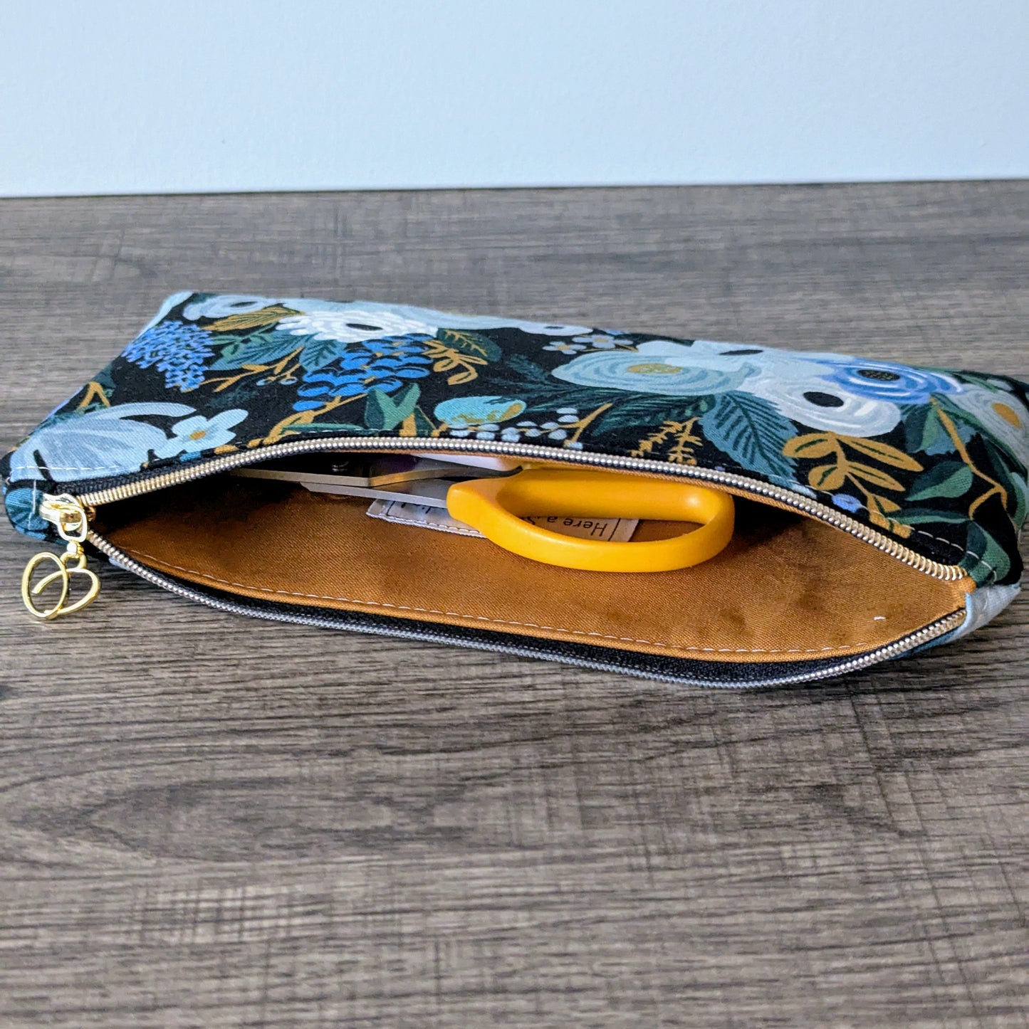 Dark Blue Floral Cotton Zipper Pouch