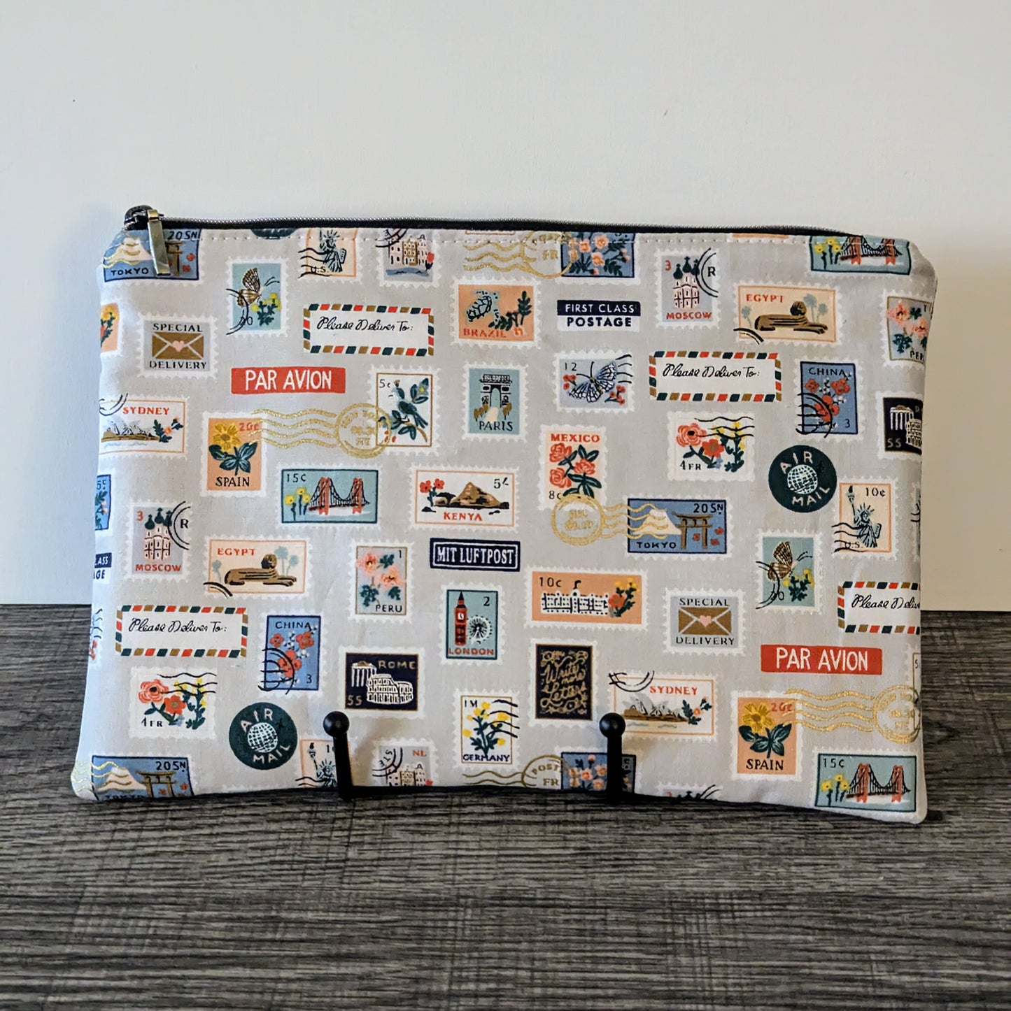 Beige Stamp Cotton Zipper Pouch