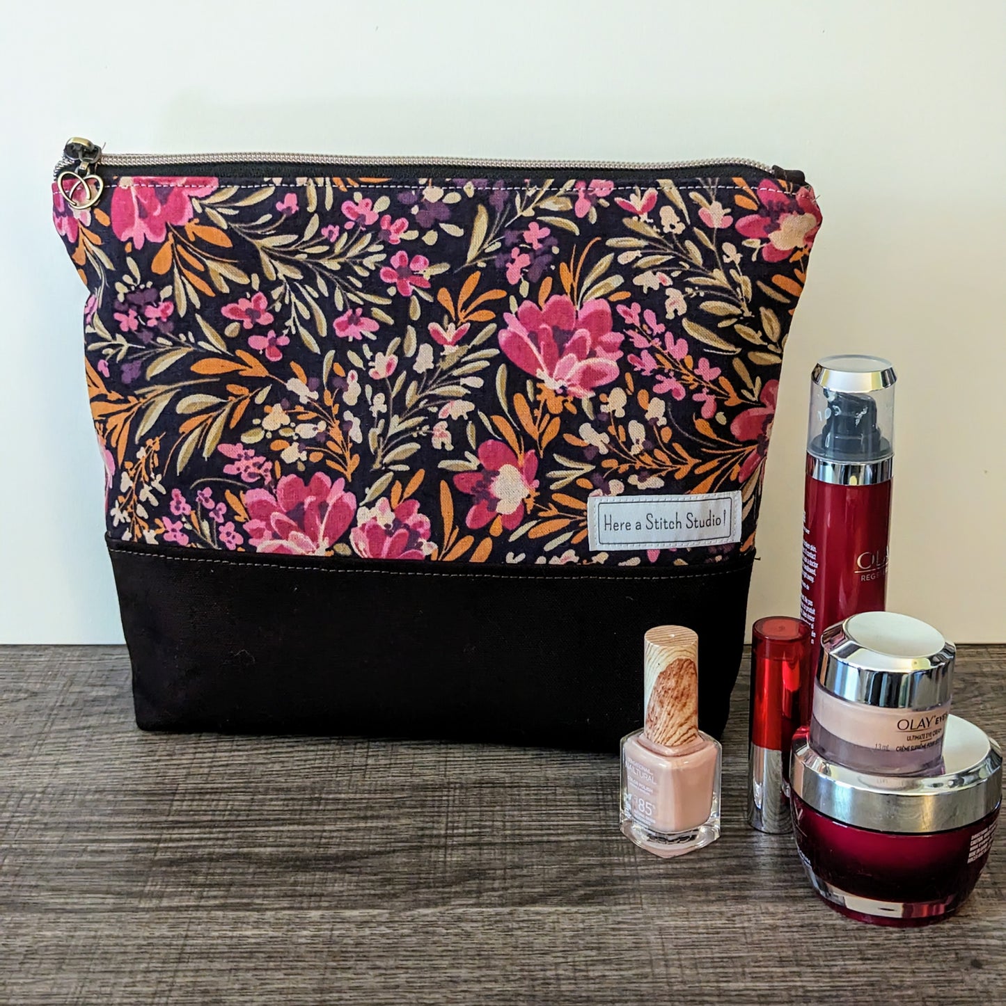 Large Pink Flower Canvas Zipper Bag