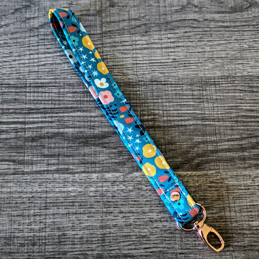 Teal Floral Cotton Wrist Lanyard