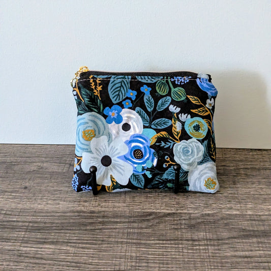 Dark Blue Floral Cotton Zipper Pouch