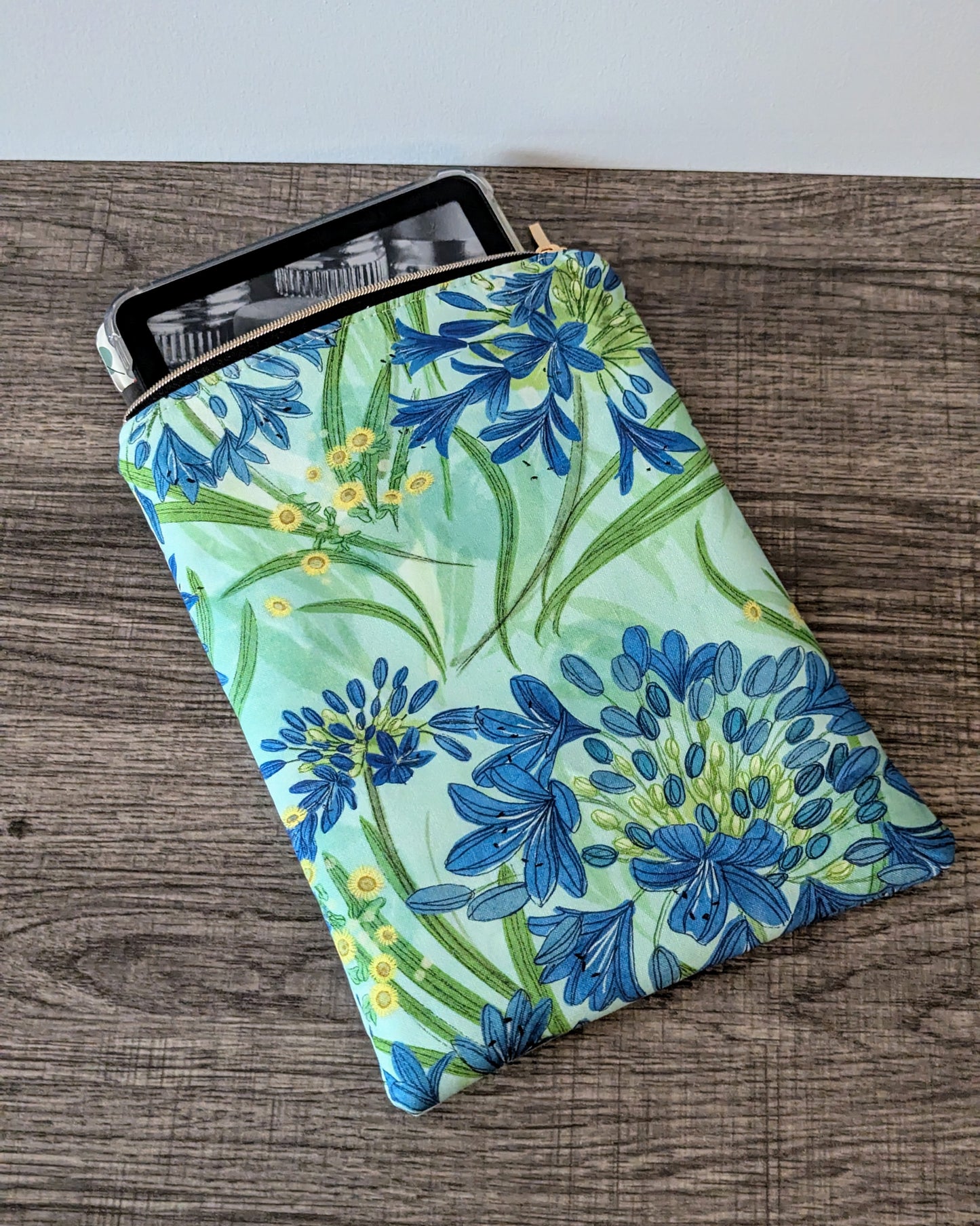 Aqua Blue Floral Cotton Book & E-Reader Sleeve