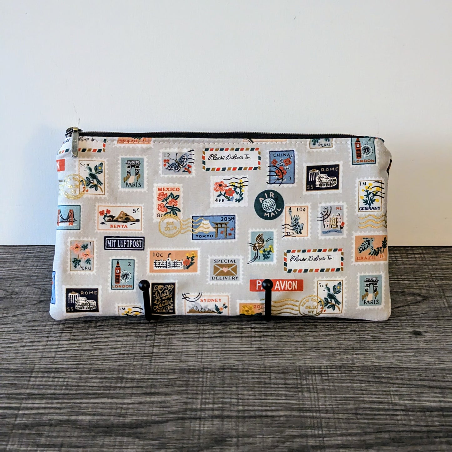 Beige Stamp Cotton Zipper Pouch