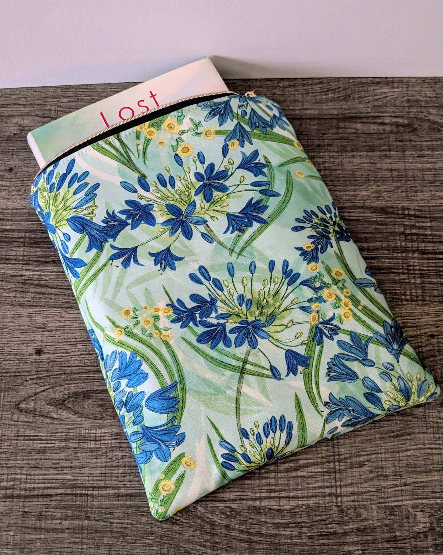 Aqua Blue Floral Cotton Book & E-Reader Sleeve