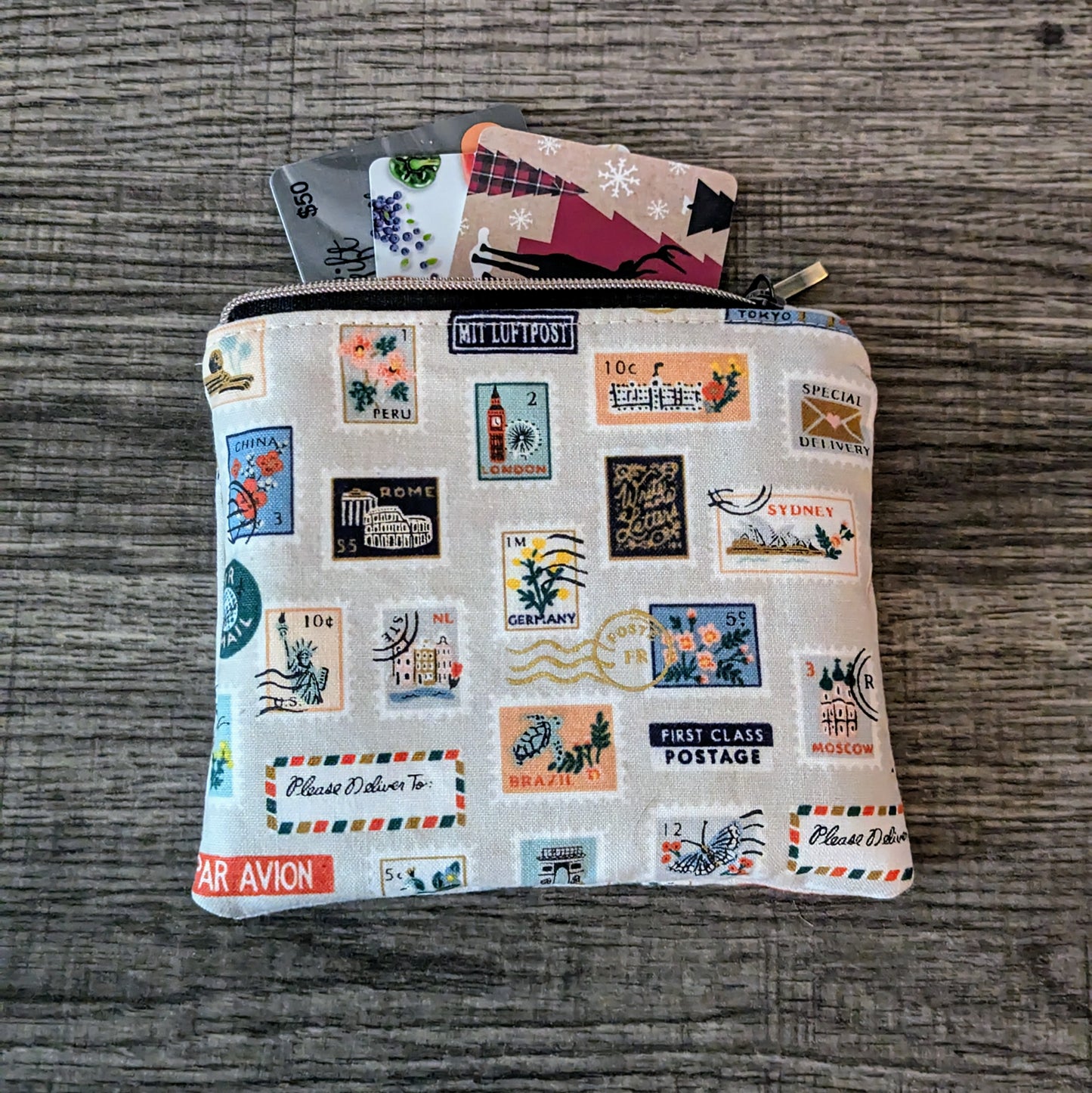 Beige Stamp Cotton Zipper Pouch