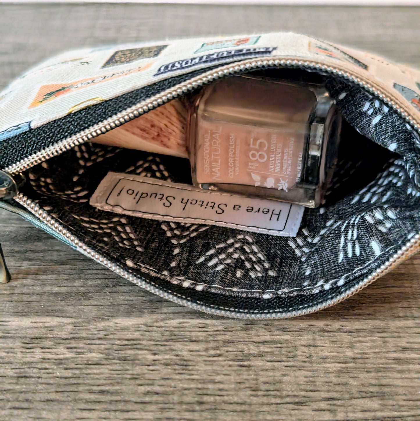 Beige Stamp Cotton Zipper Pouch