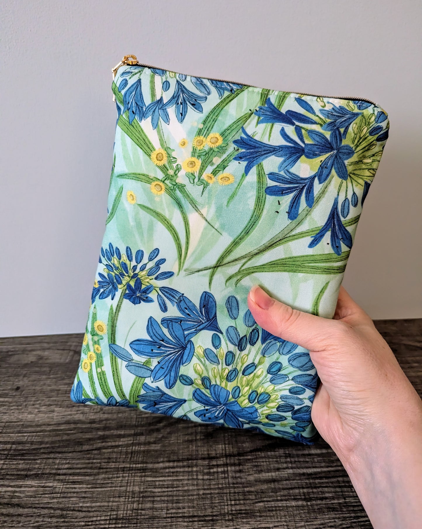 Aqua Blue Floral Cotton Book & E-Reader Sleeve