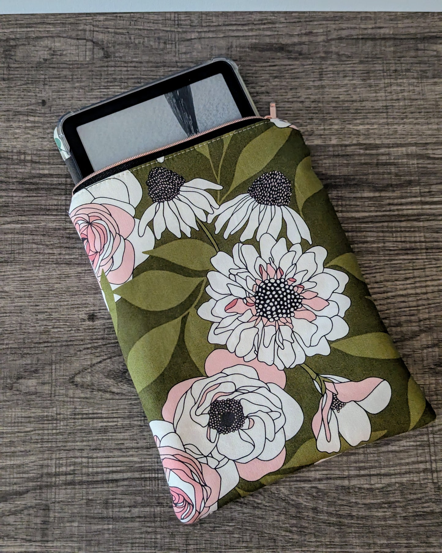 Green Floral Cotton Book & E-Reader Sleeve