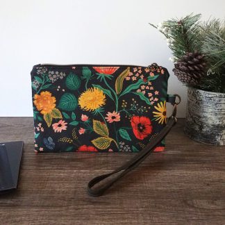 Black Poppy Floral Canvas Wristlet