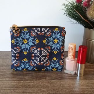 Navy Floral Tile Cotton Zipper Pouch