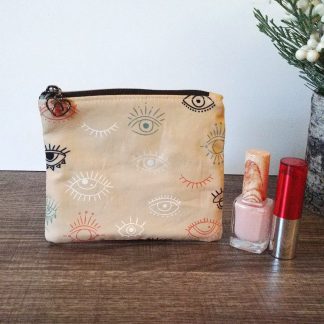 Beige Eye Print Cotton Zipper Pouch