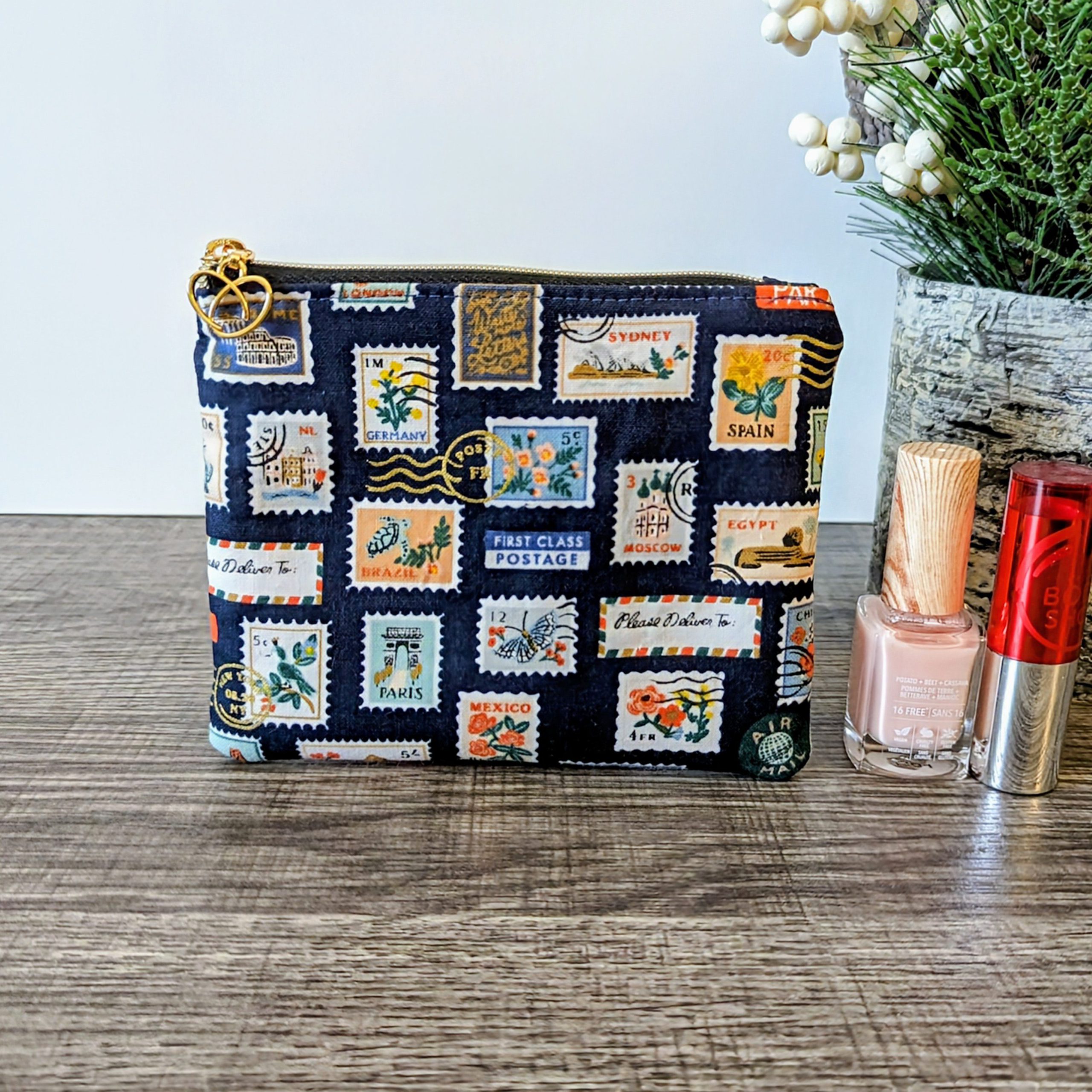 Navy Stamp Cotton Zipper Pouch