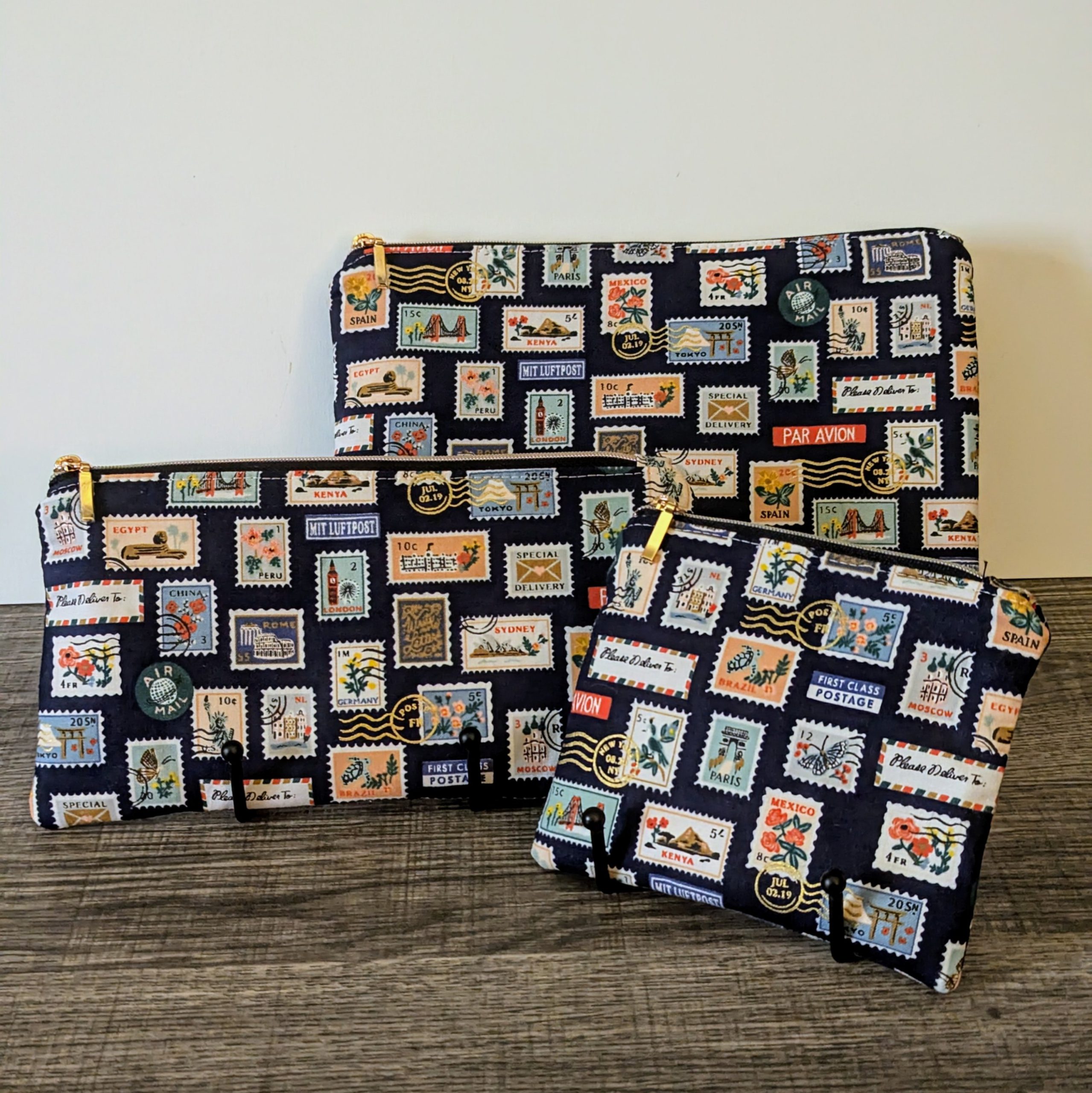 Navy Stamp Cotton Zipper Pouch